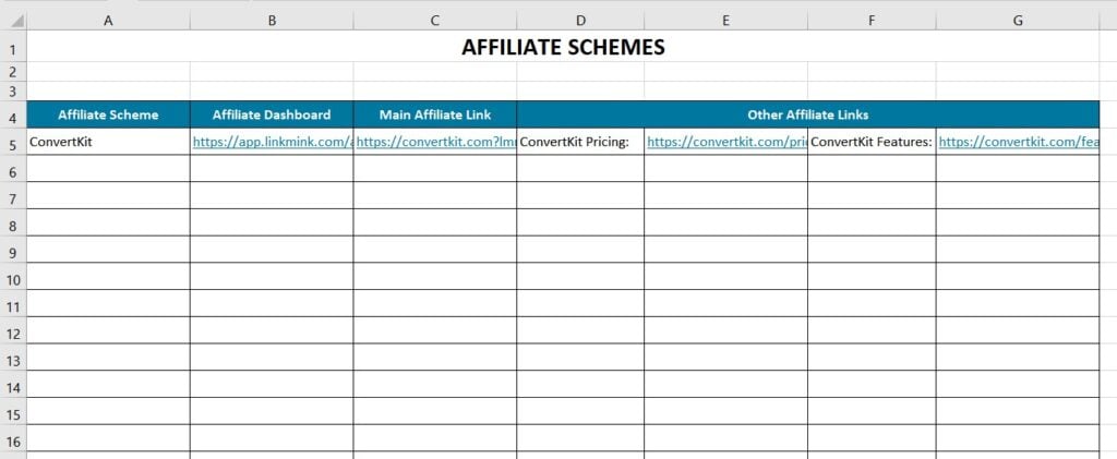 Affiliate Link Tracking Spreadsheet with additional columns for Other Affiliate Links