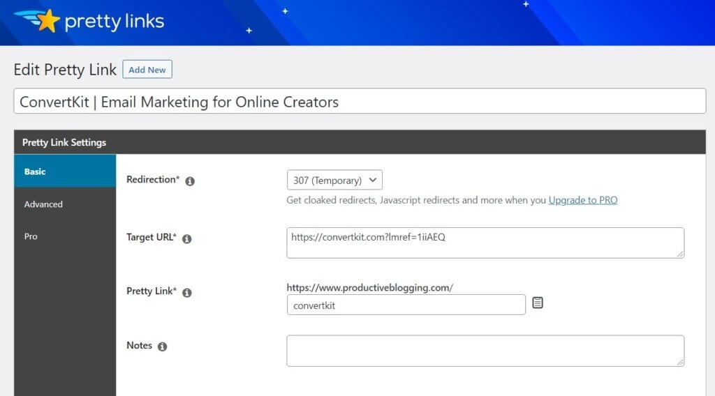 Pretty Links in WordPress Dashboard showing how I have changed my standard ConvertKit affiliate link to productiveblogging.com/ConvertKit