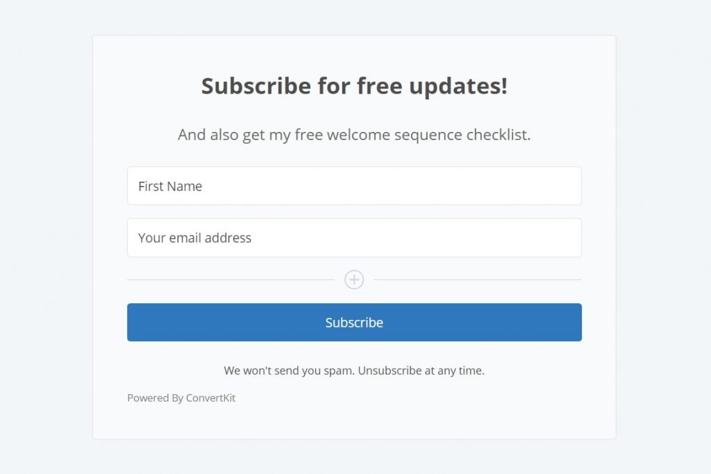 Example of a bad opt-in form: no image, says 'subscribe for free updates - freebie is an afterthought, button says subscribe