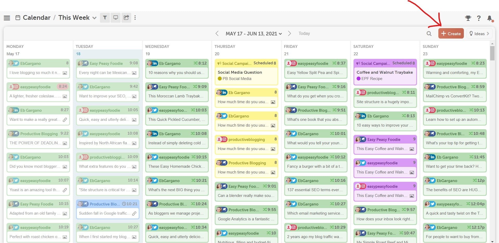 CoSchedule Marketing Calendar arrow pointing to orange 'create' button