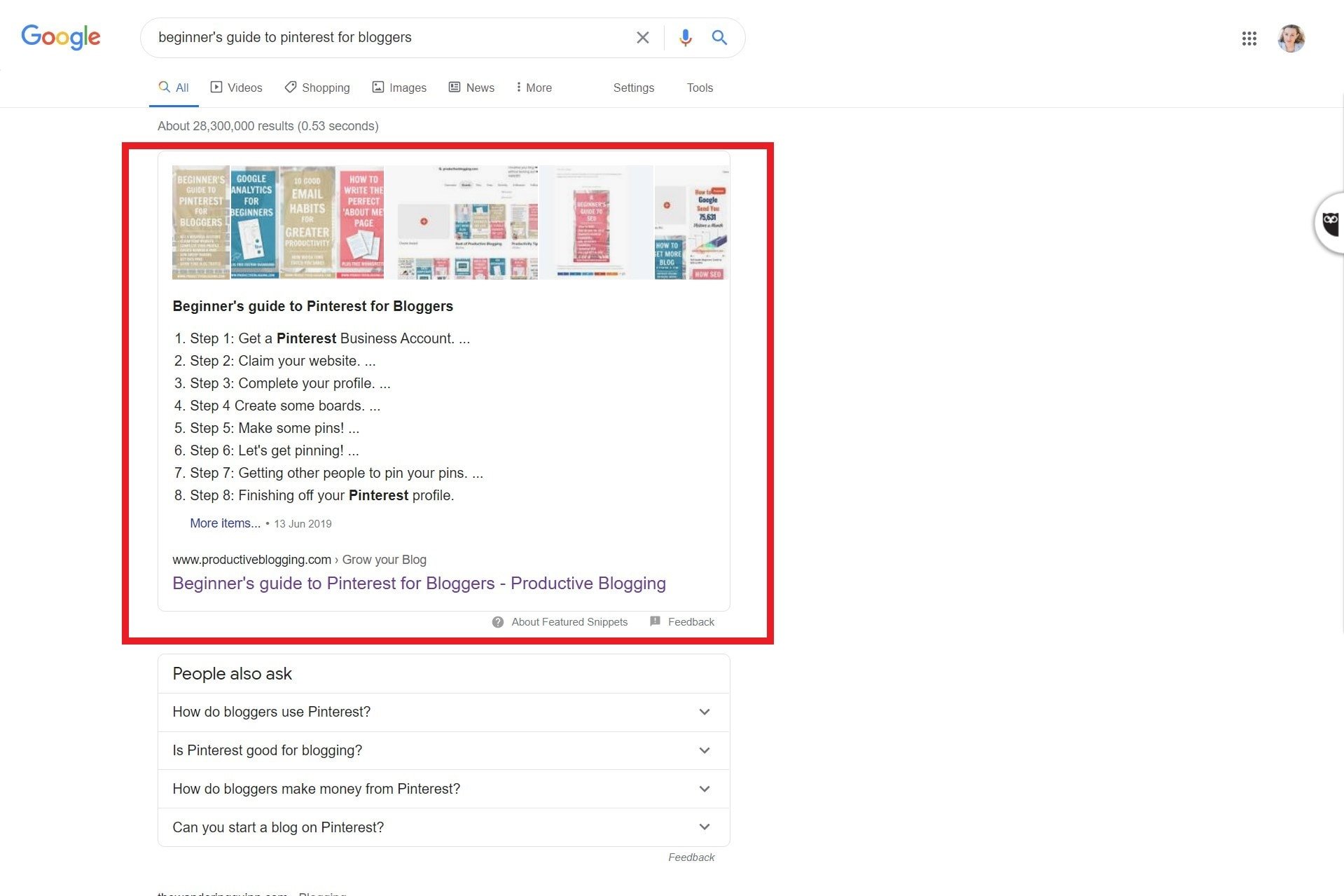 Example of a featured snippet in Google