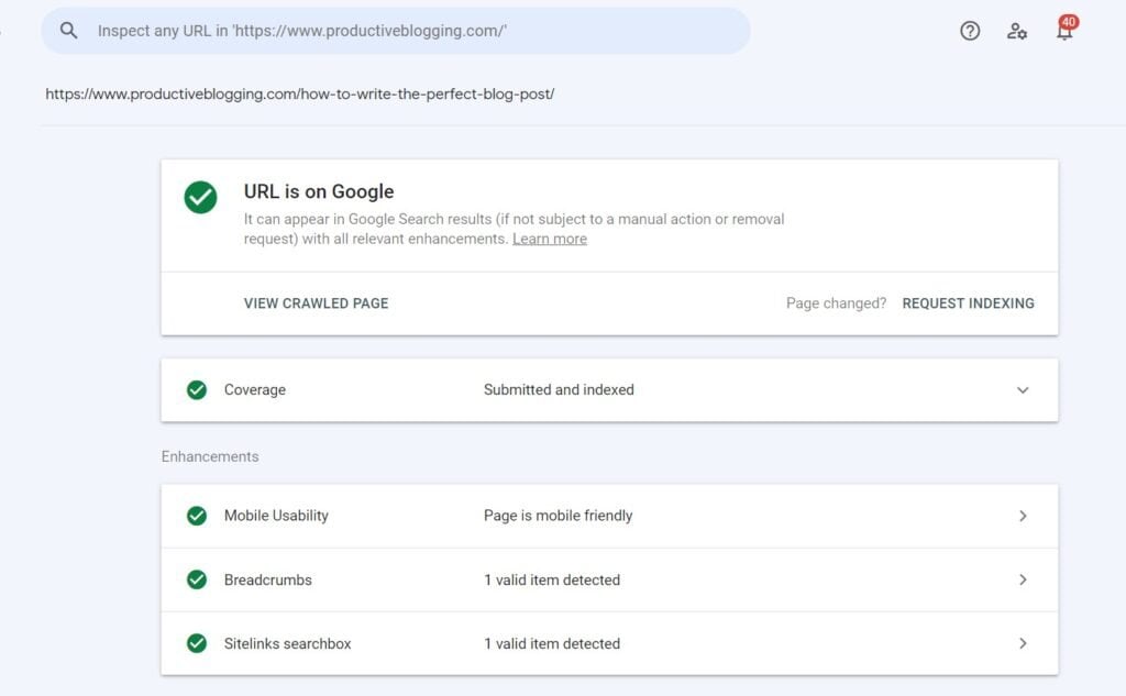 Example of a blog post on Productive Blogging being tested in the URL Inspection Tool and showing ‘Submitted And Indexed’ 