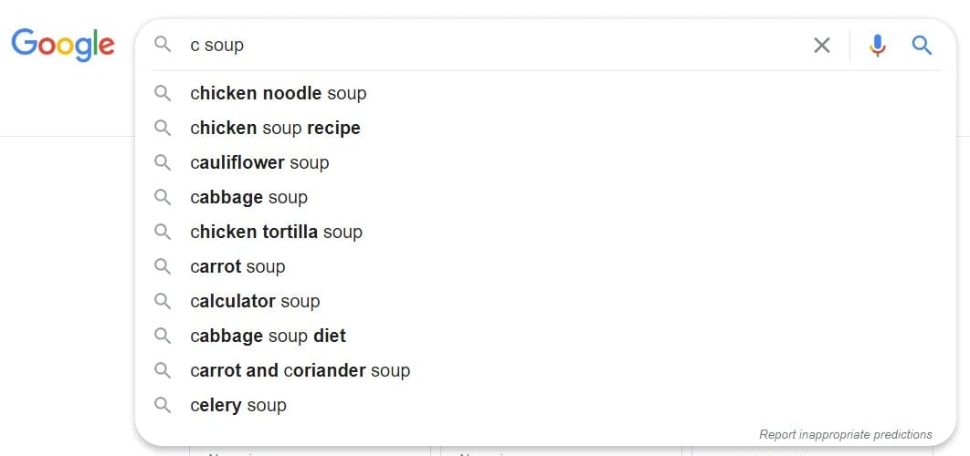 Google autocomplete results for 'c soup'