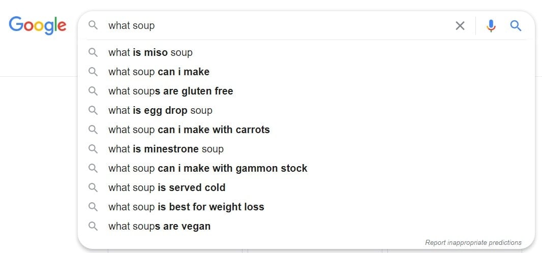 Google autocomplete results for 'what soup'