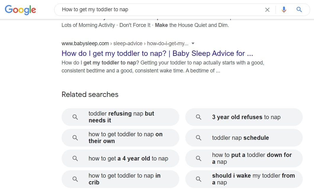 Google related searches results for  'How to get my toddler to nap'