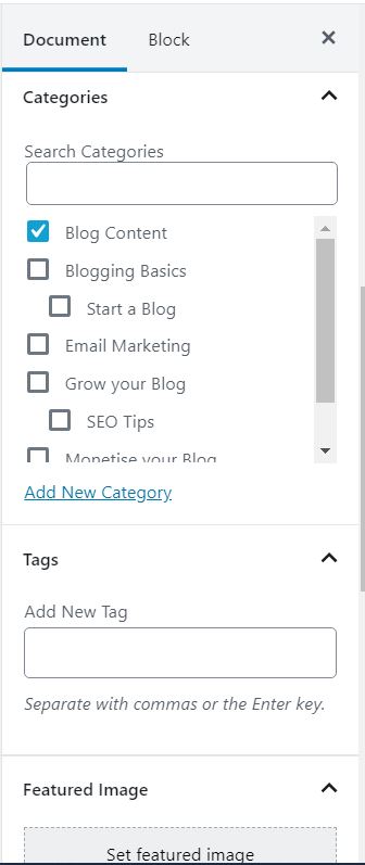 How to add categories, tags, a featured image and an excerpt in a blog post using the WordPress block editor