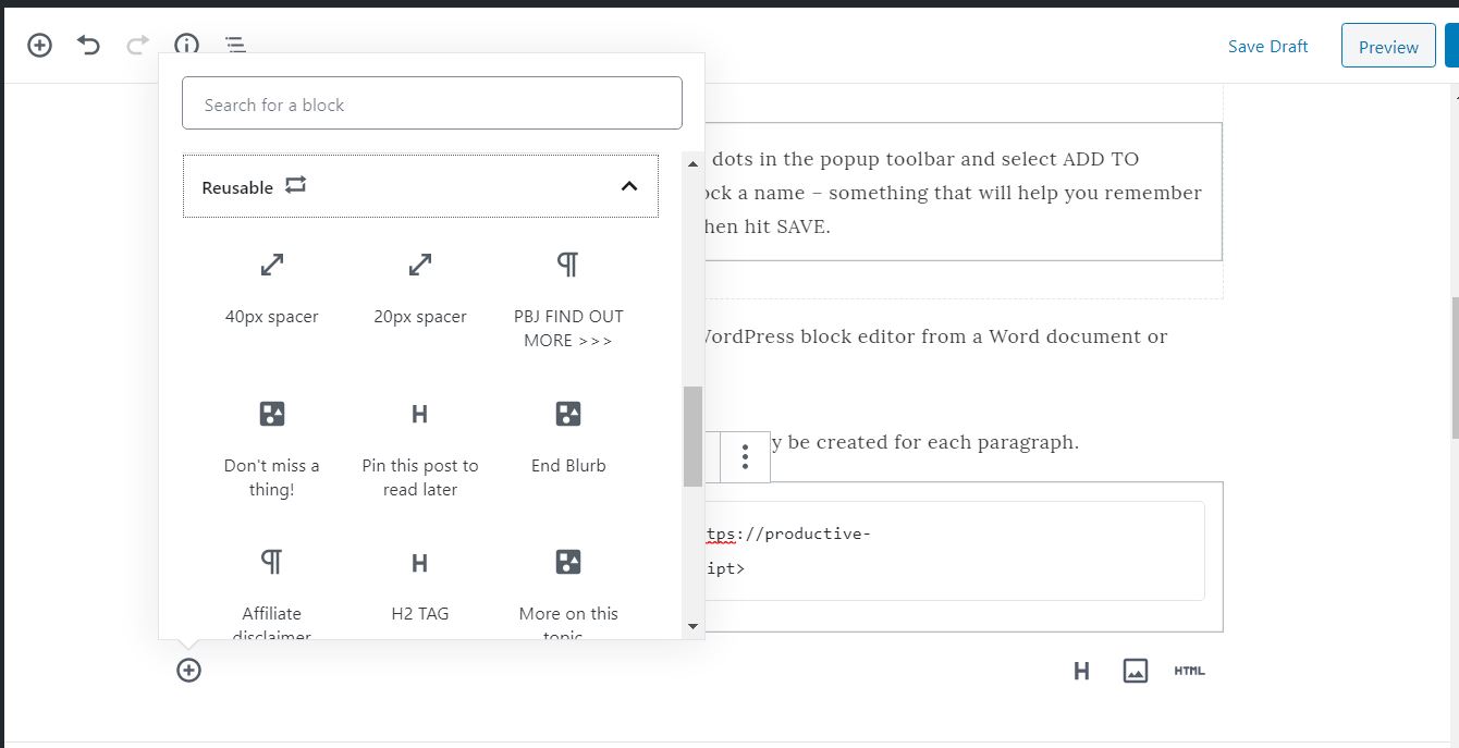 How to use reusable blocks in the WordPress block editor