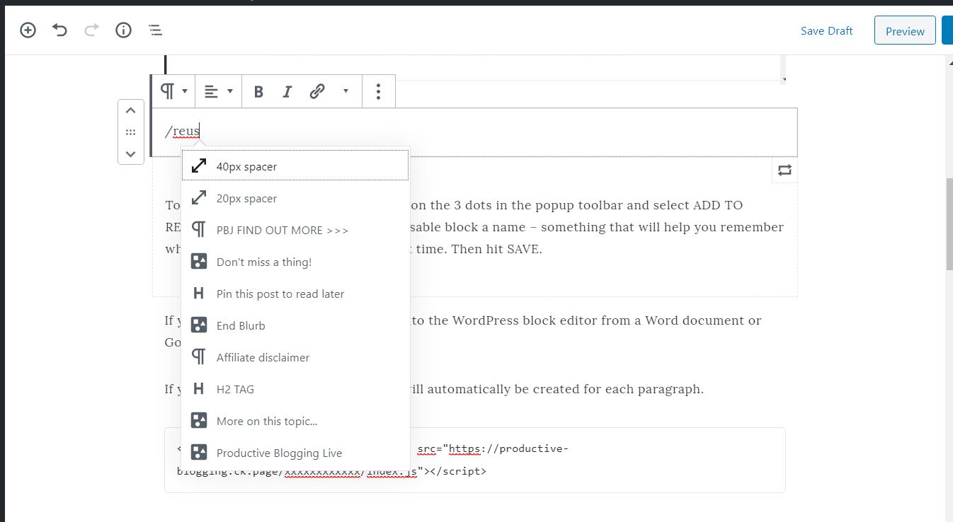 How to use the / key to search for blocks in the WordPress block editor