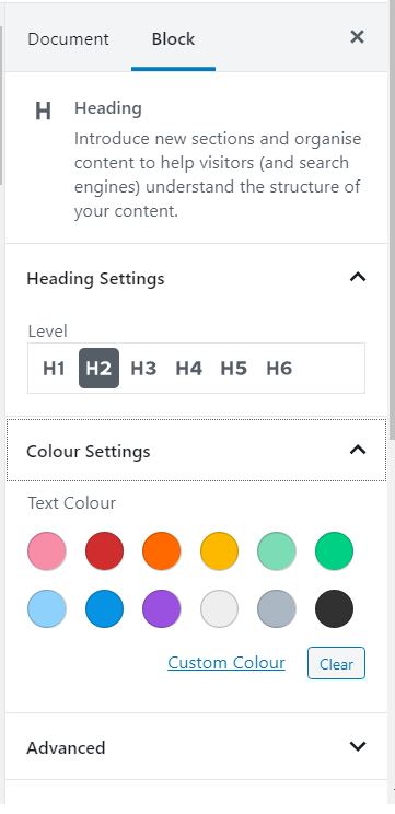 How to change the colour of a heading in a blog post using the WordPress block editor