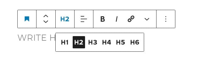 Selecting from the different H tag options in the WordPress Block Editor