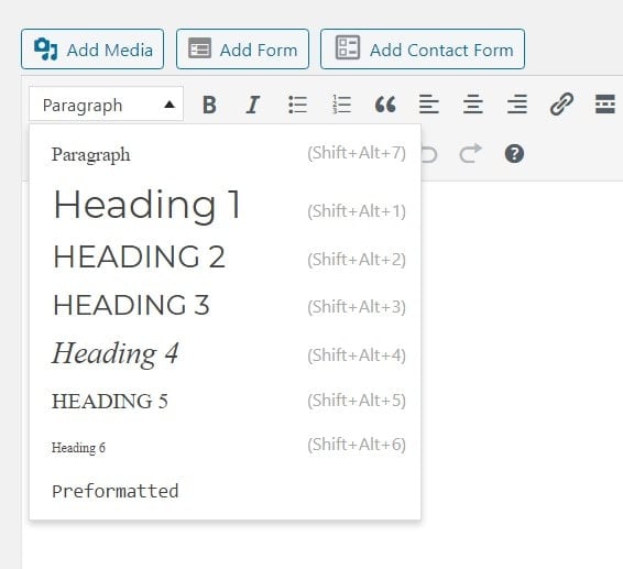 Selecting from the different H tag options in the WordPress Classic Editor