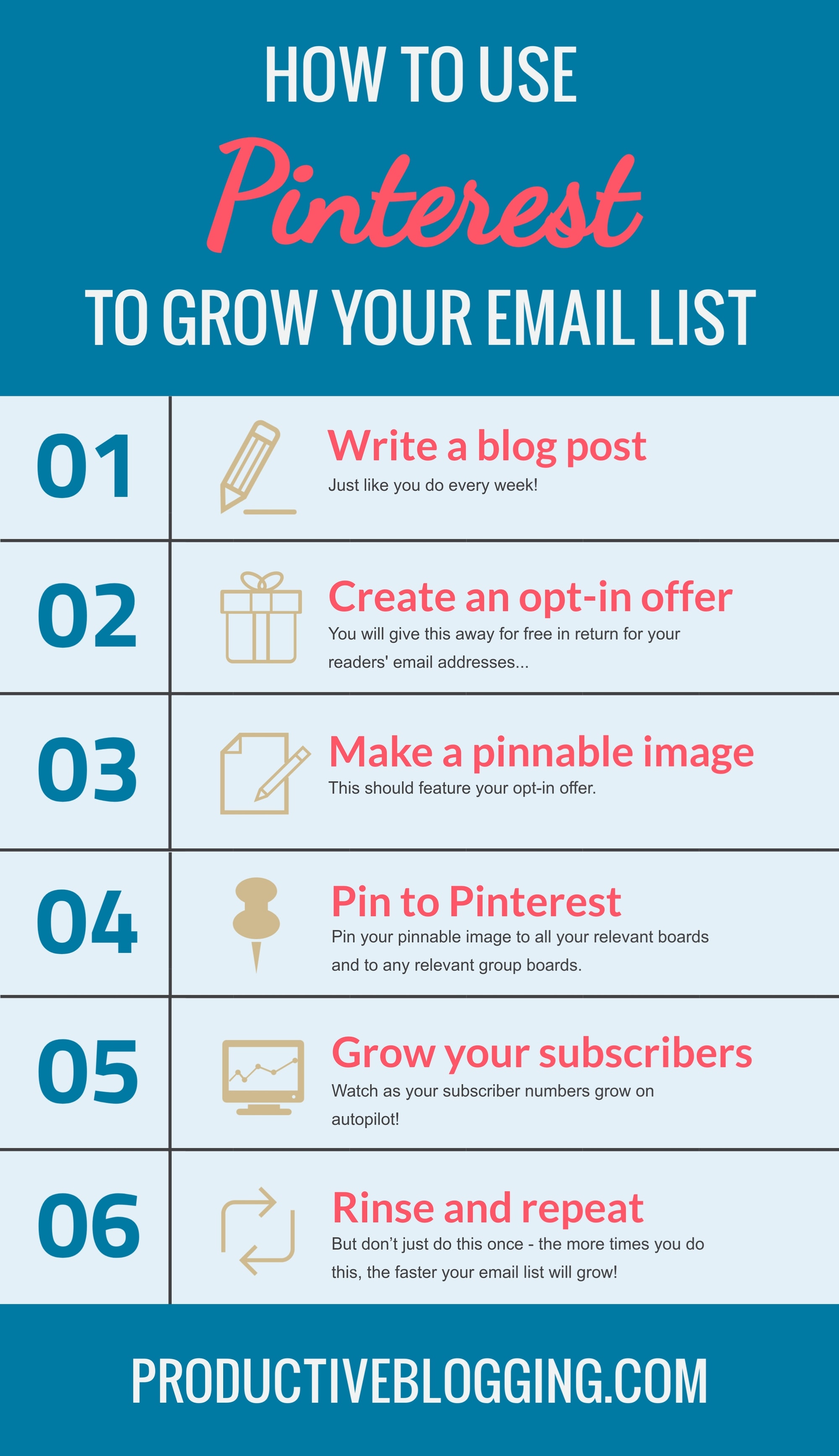 Pinterest is a great way to grow your blog traffic, but did you know Pinterest is also a great way to grow your EMAIL LIST? Using Pinterest in this way will not only grow your email list with the RIGHT subscribers, it will also drive EVEN MORE traffic to your blog. Here’s how… #pinterest #pinteresttips #emailmarketing #emailmarketingtips #optin #optinoffer #contentupgrade #leadmagnet #emaillist #subscribers #convertkit #bloggingtips #productivitytips #productivity #productiveblogging