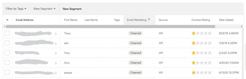 Example of cleaned contacts in Mailchimp