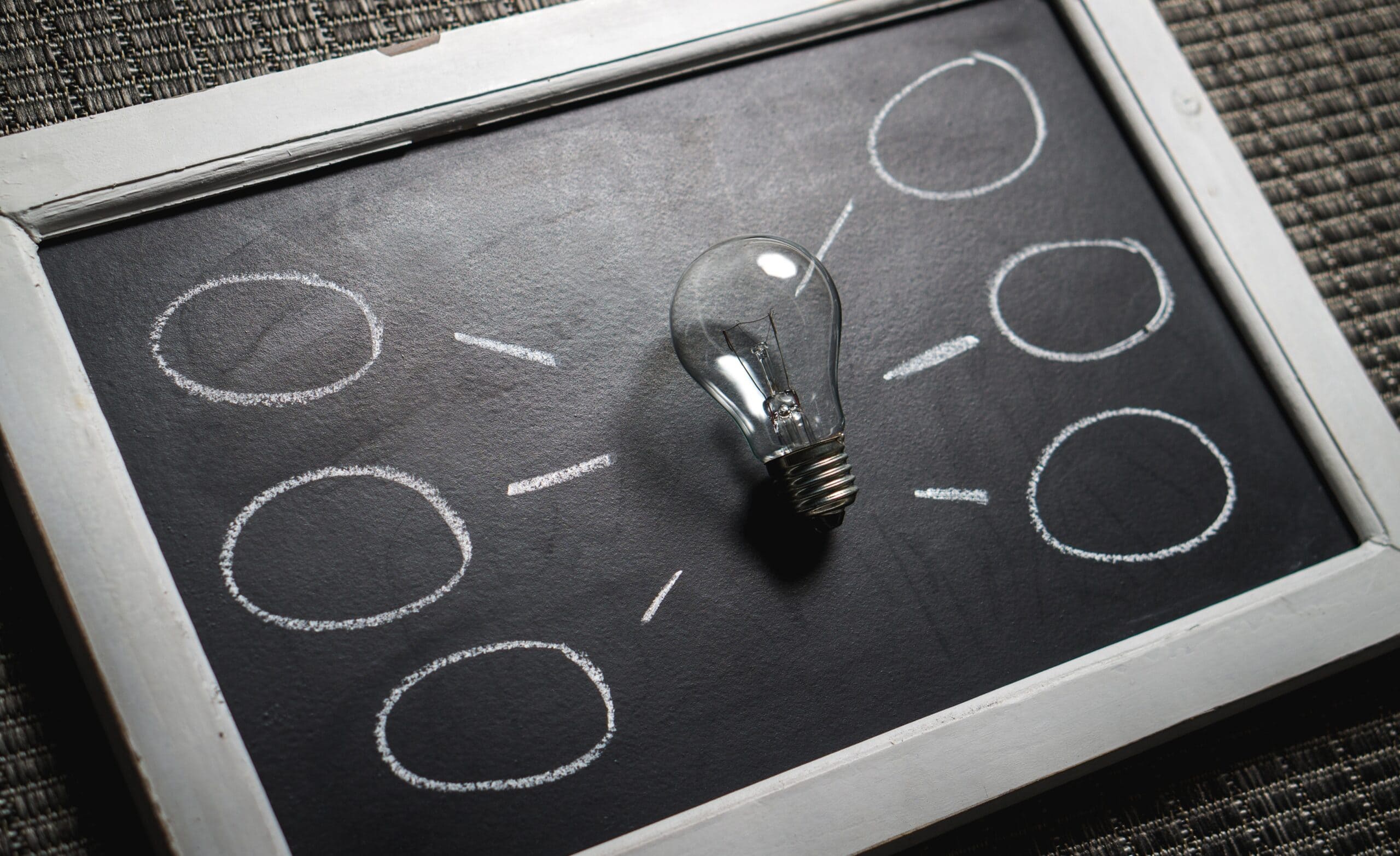 Lightbulb against a blackboard with lines and circles, arranged like a spider diagram, to illustrate the concept of 'ideas'