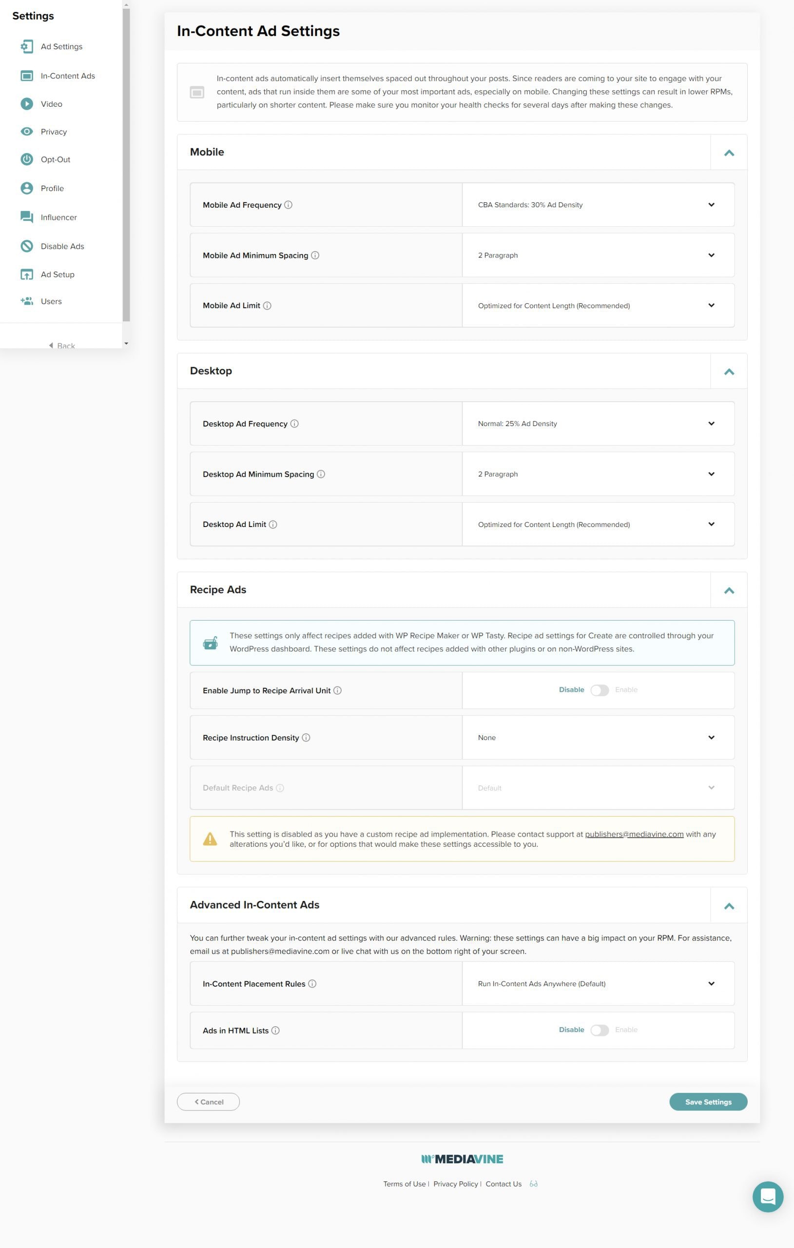 Screengrab of my Mediavine ad settings found under settings >> in content ads