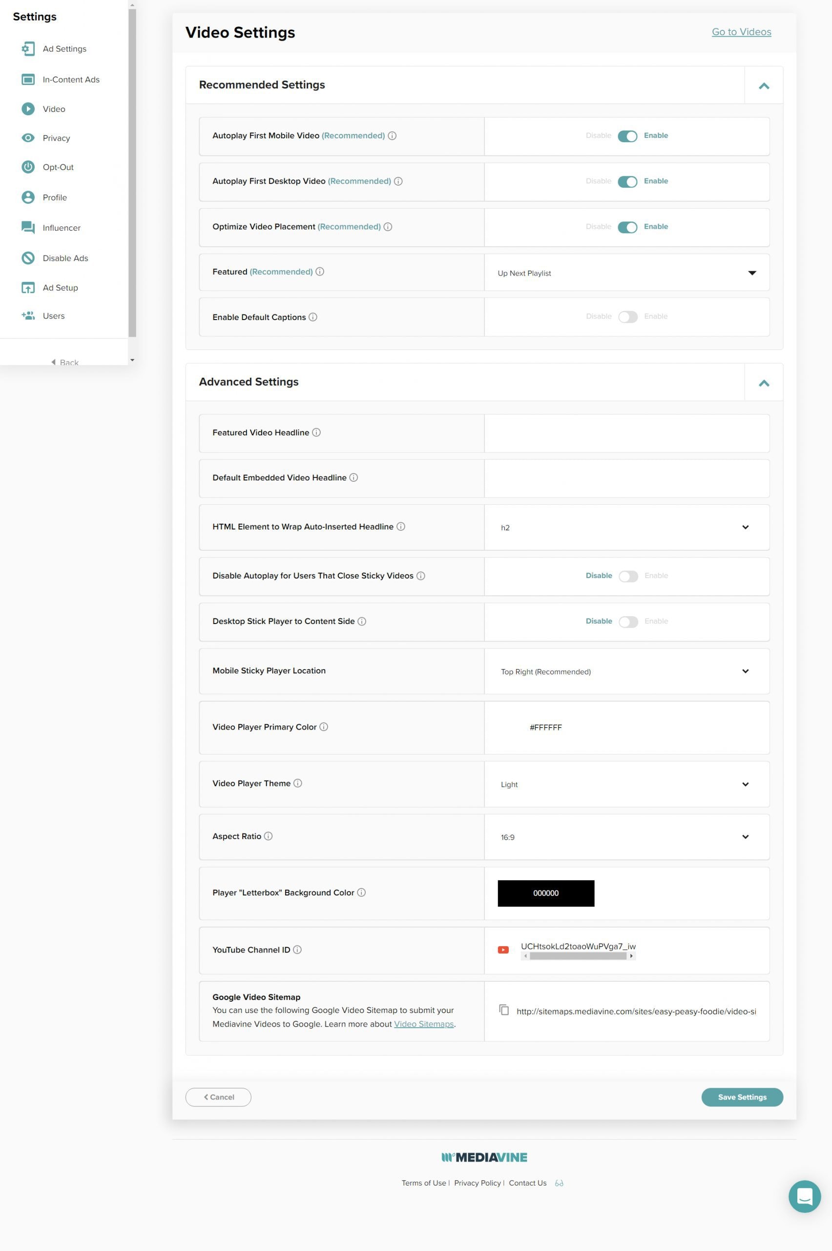 Screengrab of my mediavine video settings from Settings >>> Video