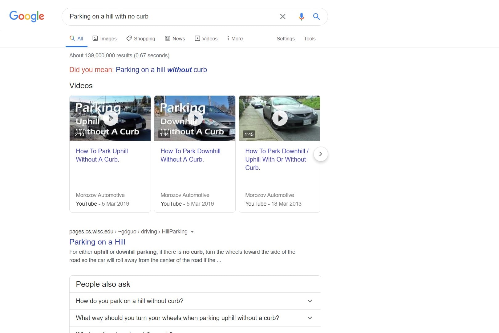 Google search results for “Parking on a hill with no curb”