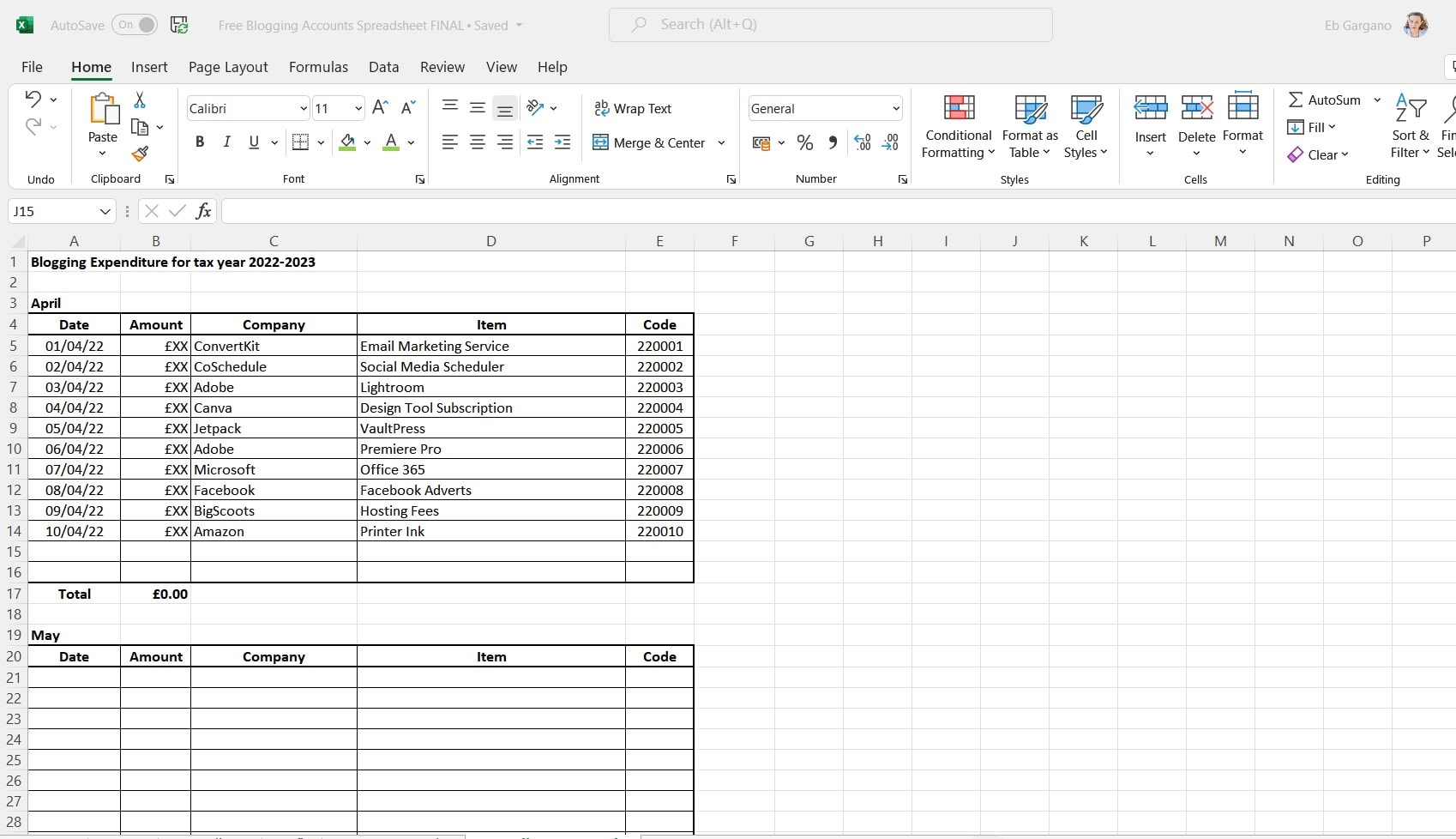 Free Blogging Accounts Spreadsheet - Expenditure