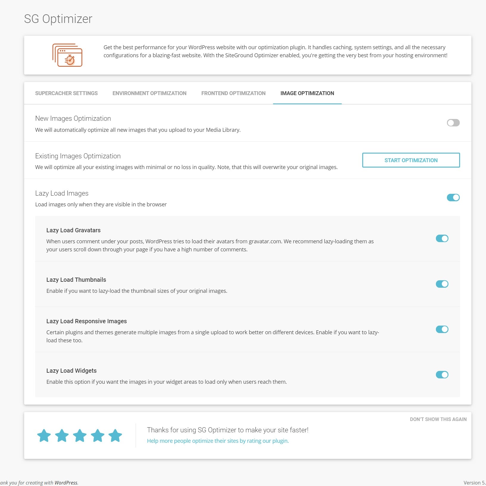 Screengrab of SiteGround Lazy Load feature in the SG optimizer