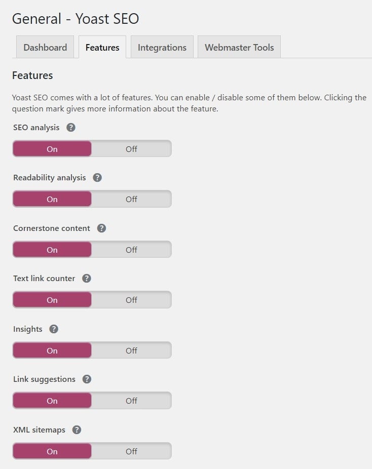 Screengrab of Yoast > General > Features > XML Sitemap