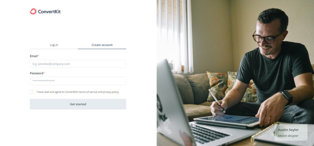 ConvertKit Sign Up / Log In page