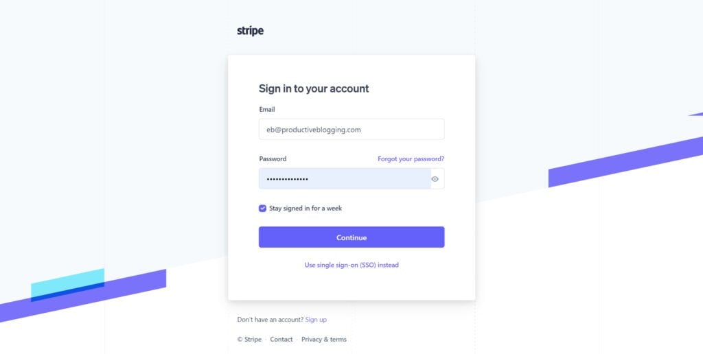 Prompt to set up a new account or log in to your existing Stripe account