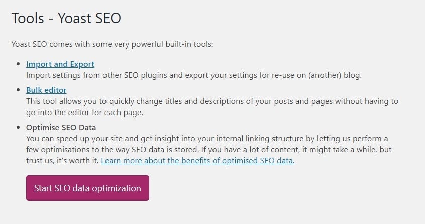 Yoast > Tools > Start SEO data optimization