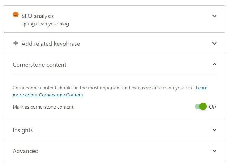 Cornerstone Content toggle in Yoast metabox