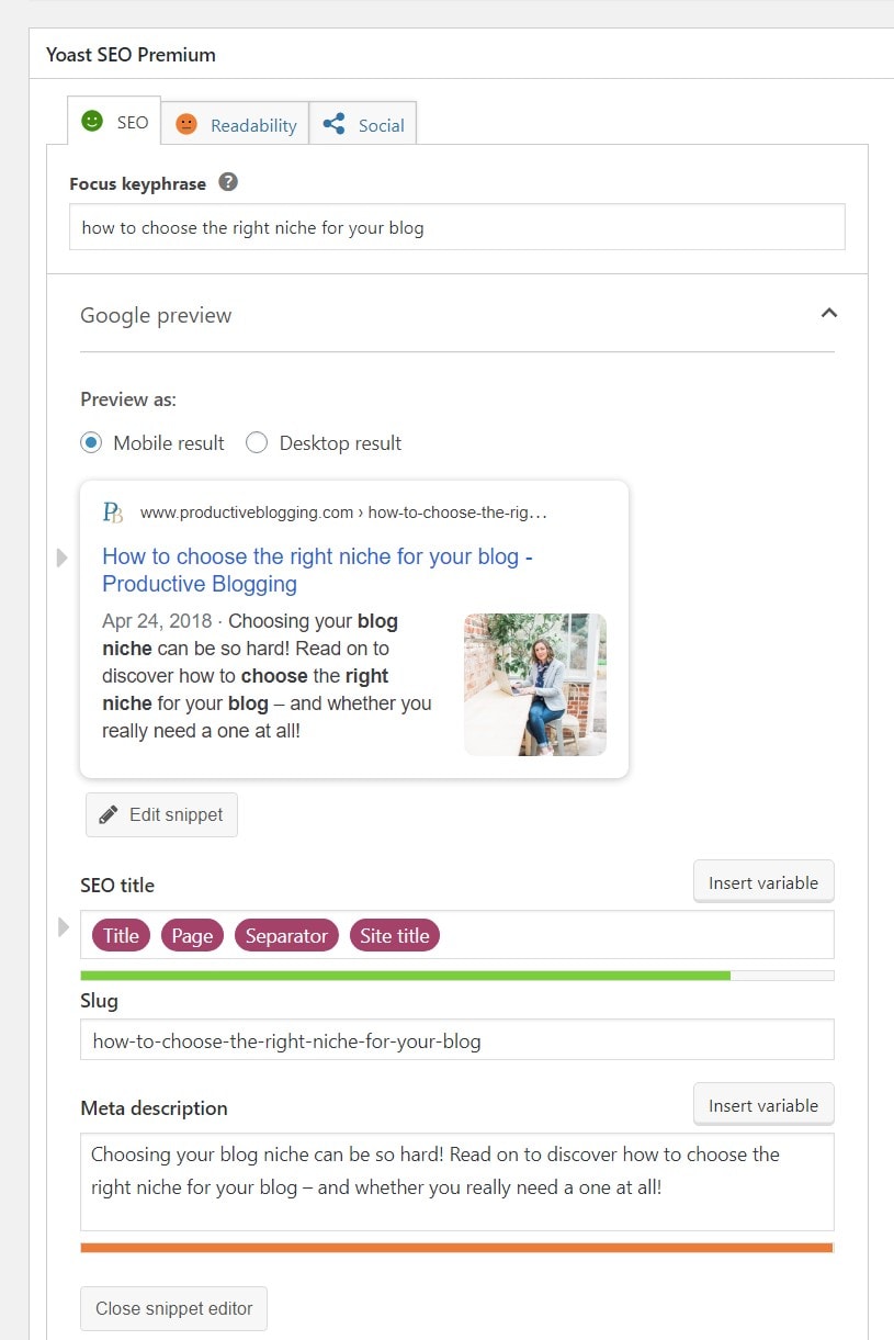 Screengrab of Yoast metabox: Google Preview