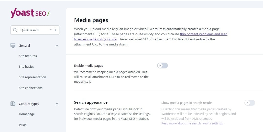 YOAST SEO >> SETTINGS >> ADVANCED >> MEDIA PAGES