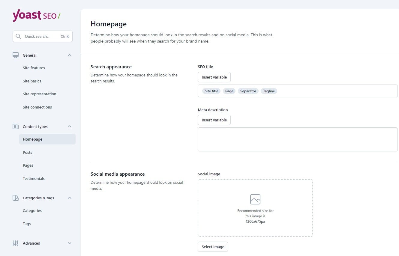 YOAST SEO >> SETTINGS >> CONTENT TYPES >> HOMEPAGE