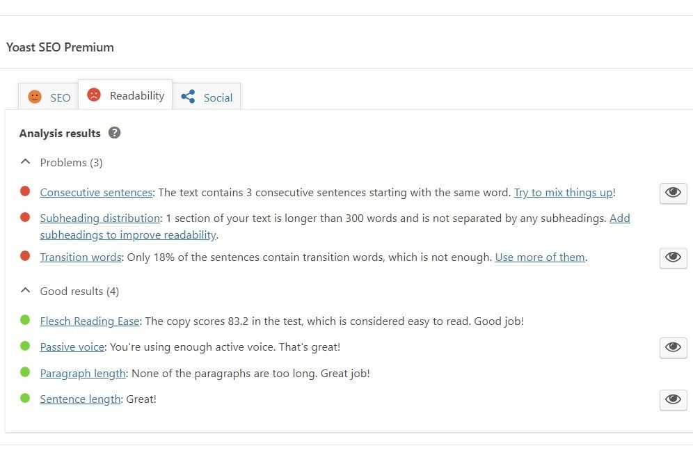 Yoast Readability Analysis at bottom of WordPress editing screen