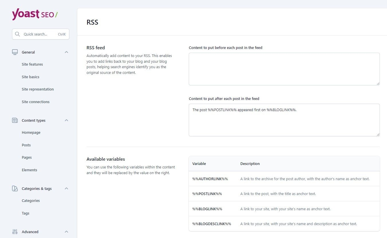 YOAST SEO >> SETTINGS >> ADVANCED >> RSS