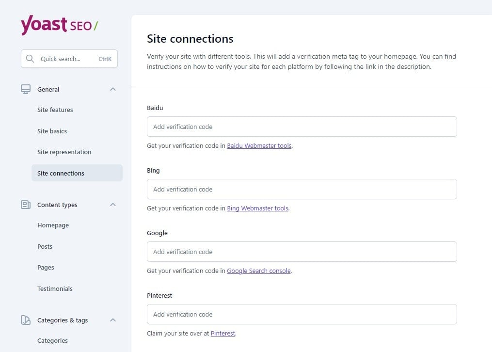 YOAST SEO >> SETTINGS >> GENERAL >> SITE CONNECTIONS