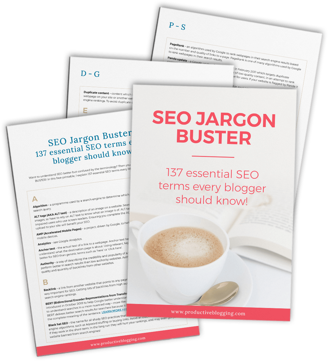 Hero Image of SEO Jargon Buster title page and 3 other pages from the freebie behind it.