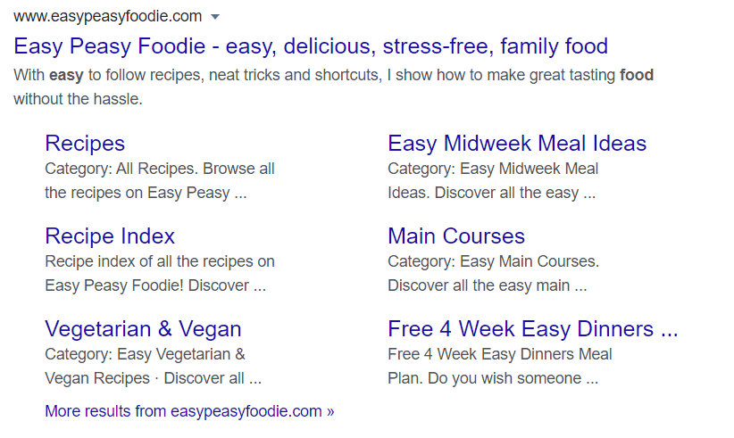 Screengrab of Google sitelinks for Easy Peasy Foodie