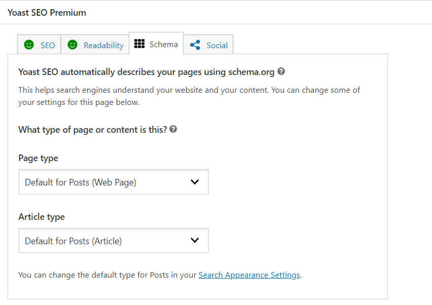 Screengrab of Schema tab in the Yoast SEO Metabox